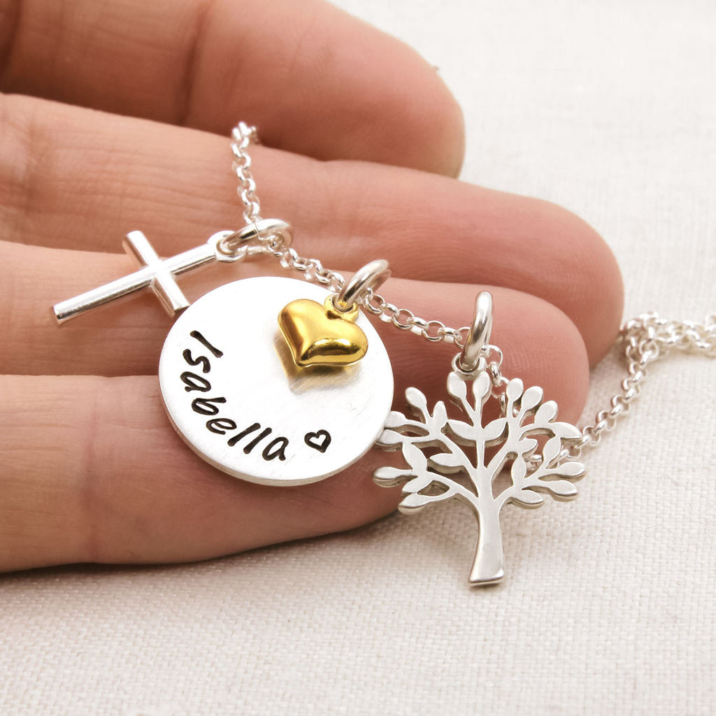 Taufkette Silber Gold für Mädchen mit Lebensbaum und Kreuz Anhänger