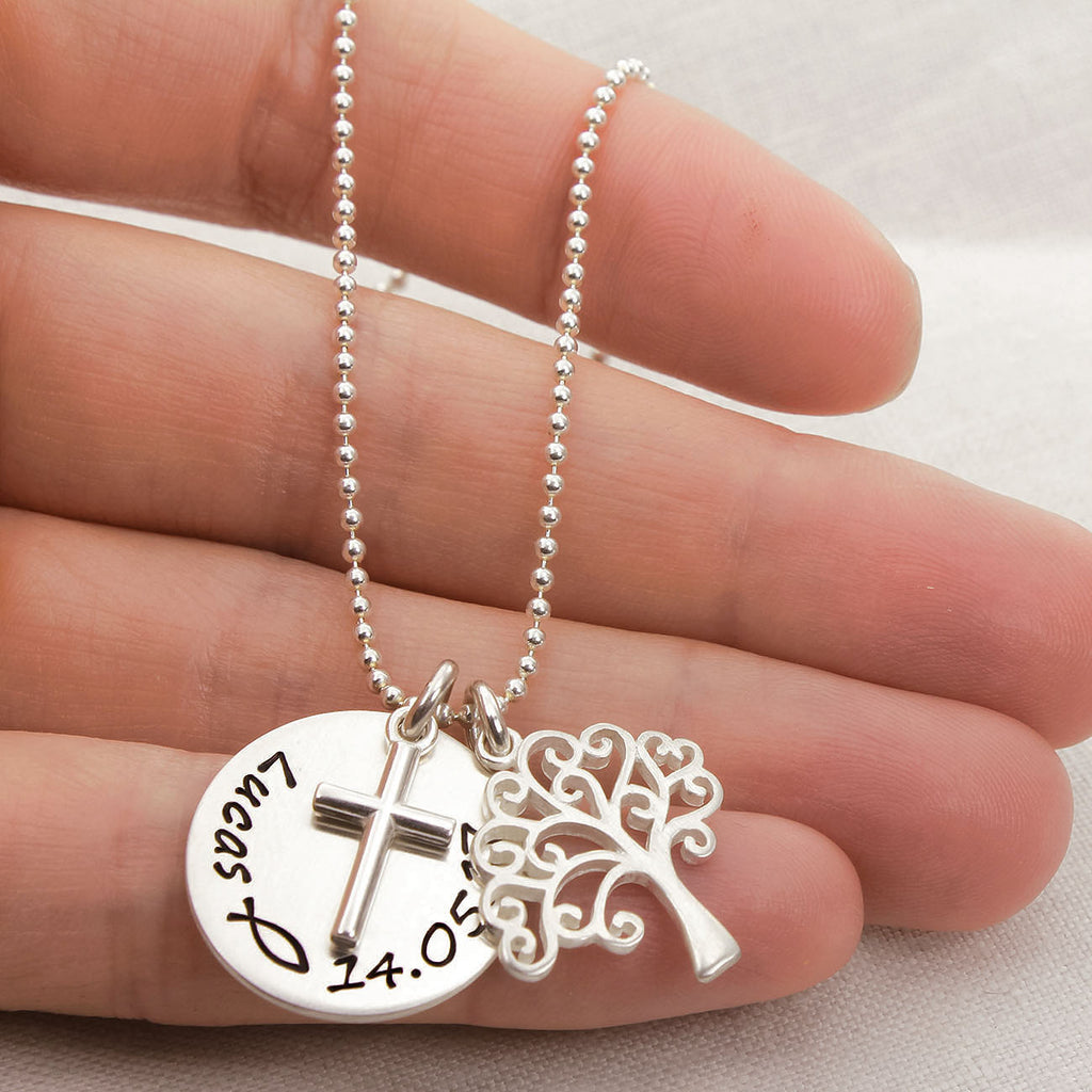 Taufkette aus Silber mit Kreuz und Baum des Lebens Anhänger Kommunionkette Taufschmuck Junge Mädchen