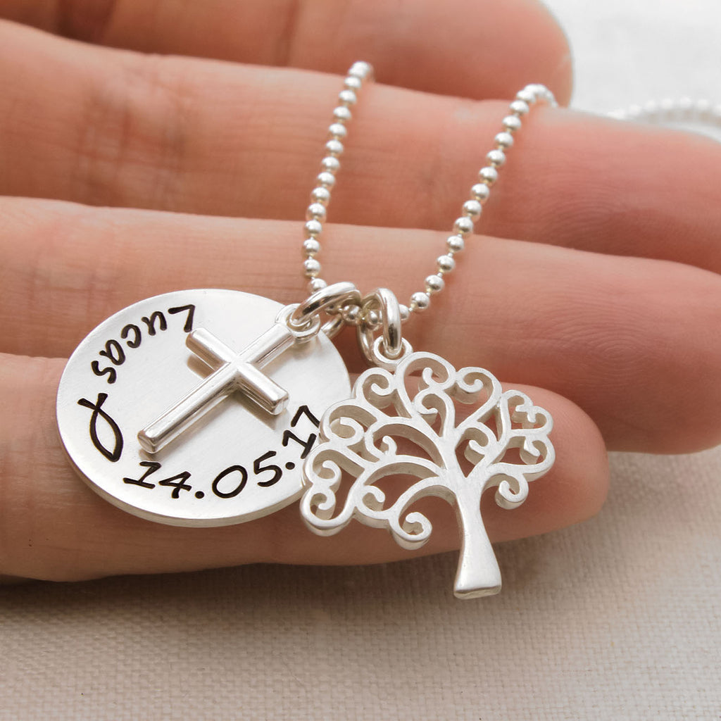 Taufschmuck Kinderkette aus Silber mit Lebensbaum und Kreuz Anhänger Namenskette zur Taufe Kommunion