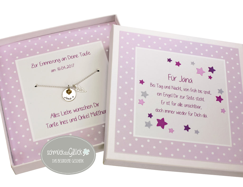 Taufschmuck für Mädchen mit Engel in Silber mit personalisierter Geschenkbox