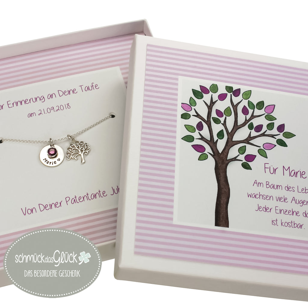 Taufkette Kommunionskette für Mädchen Geschenk Patenkind zur Taufe Kommunion personalisierte Halskette mit Lebensbaum und Gravur 925 Silber