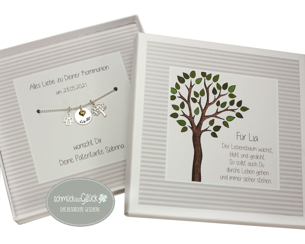 Taufkette mit Name Lebensbaum und Schutzengel Silber Gold Kommunionskette Geschenk zur Taufe